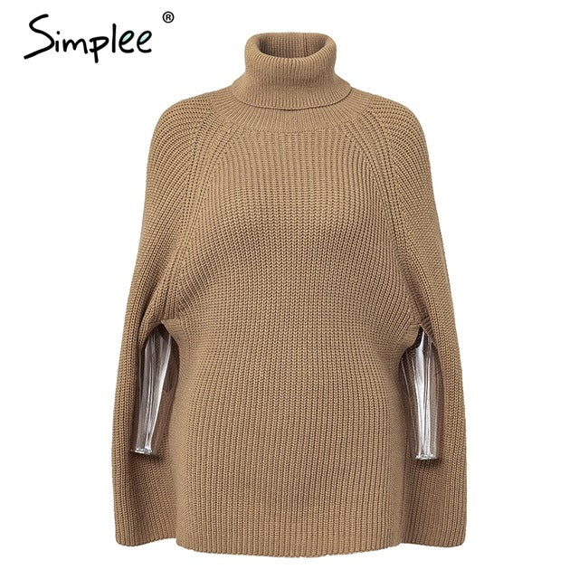 Simplee Knitted turtleneck cloak sweater Women Camel casual pullover Autumn winter streetwear women sweaters and pullovers 2018