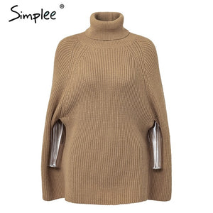 Simplee Knitted turtleneck cloak sweater Women Camel casual pullover Autumn winter streetwear women sweaters and pullovers 2018