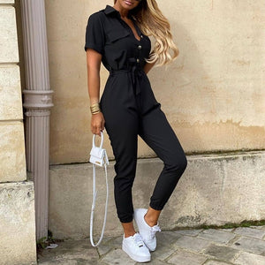 Women Casual solid color Jumpsuit 2020 Summer Deep V Neck Button Shirt Overalls Short Sleeve Office Lady One Piece Romper Belt
