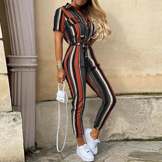 Women Casual solid color Jumpsuit 2020 Summer Deep V Neck Button Shirt Overalls Short Sleeve Office Lady One Piece Romper Belt