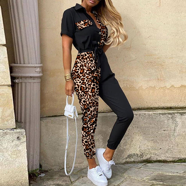 Women Casual solid color Jumpsuit 2020 Summer Deep V Neck Button Shirt Overalls Short Sleeve Office Lady One Piece Romper Belt