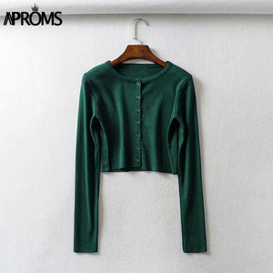Aproms Candy Color Ribbed Knitted Cardigan Women Autumn Winter Long Sleeve Basic Cropped Sweaters Female Casual Short Jumper Top