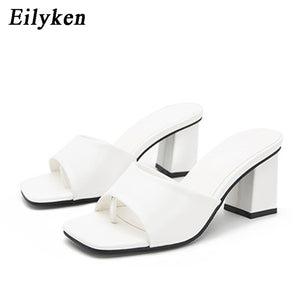 Eilyken 2020 New Women Slipper Summer Outdoor Sandal Square High Heel Slip On Flip Flop Elegant Women Slides Sandal size 41 42