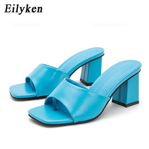 Eilyken 2020 New Women Slipper Summer Outdoor Sandal Square High Heel Slip On Flip Flop Elegant Women Slides Sandal size 41 42