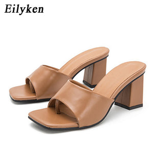 Eilyken 2020 New Women Slipper Summer Outdoor Sandal Square High Heel Slip On Flip Flop Elegant Women Slides Sandal size 41 42