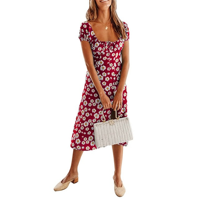 Women Boho Beach Summer Holiday Clothes Short Sleeve V-neck Floral Dress Elegant Playa Party Ladies Dress Fashion Tunic Sundress