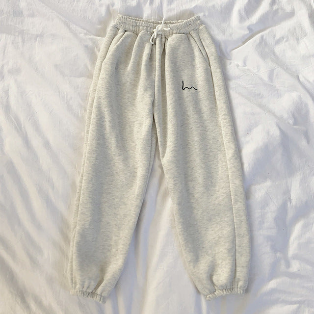 Mooirue Winter Women Harem Pants Stripes Embroidery Gray Black Fleece Pants Bottom