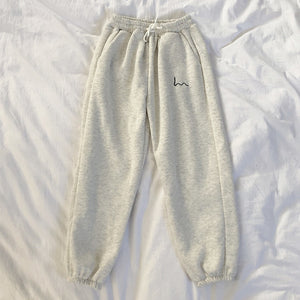 Mooirue Winter Women Harem Pants Stripes Embroidery Gray Black Fleece Pants Bottom