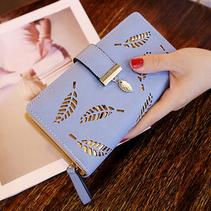 Women Wallet PU Leather Purse Female Long Wallet Gold Hollow Leaves Pouch Handbag For Women Coin Purse Card Holders Clutch