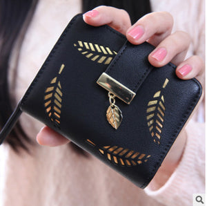Women Wallet PU Leather Purse Female Long Wallet Gold Hollow Leaves Pouch Handbag For Women Coin Purse Card Holders Clutch