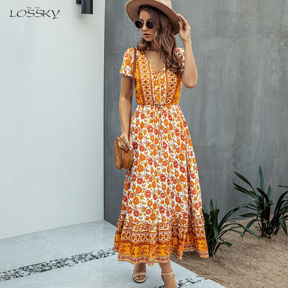 Summer Boho Chic Long Dress Pink Women Flower Print Casual Yellow Fitted Midi Dresses Bohemian 2020 Fashion Women Clothes Purple