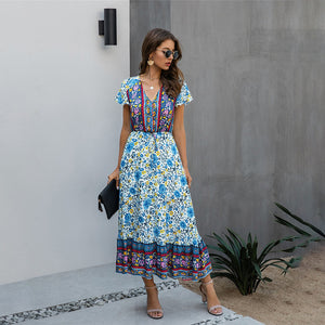 Summer Boho Chic Long Dress Pink Women Flower Print Casual Yellow Fitted Midi Dresses Bohemian 2020 Fashion Women Clothes Purple