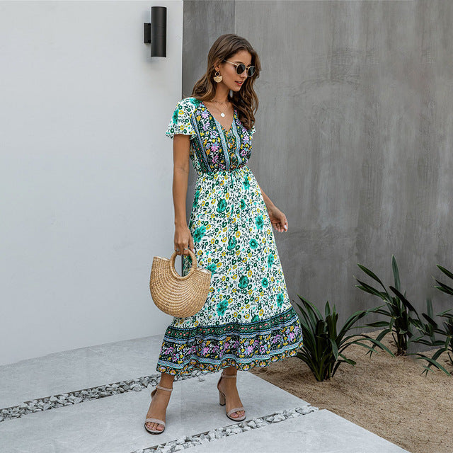 Summer Boho Chic Long Dress Pink Women Flower Print Casual Yellow Fitted Midi Dresses Bohemian 2020 Fashion Women Clothes Purple