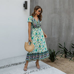 Summer Boho Chic Long Dress Pink Women Flower Print Casual Yellow Fitted Midi Dresses Bohemian 2020 Fashion Women Clothes Purple