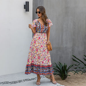 Summer Boho Chic Long Dress Pink Women Flower Print Casual Yellow Fitted Midi Dresses Bohemian 2020 Fashion Women Clothes Purple