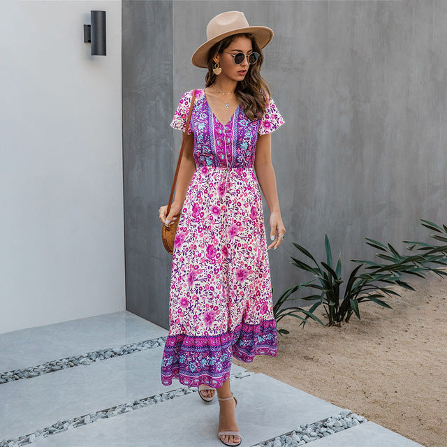 Summer Boho Chic Long Dress Pink Women Flower Print Casual Yellow Fitted Midi Dresses Bohemian 2020 Fashion Women Clothes Purple