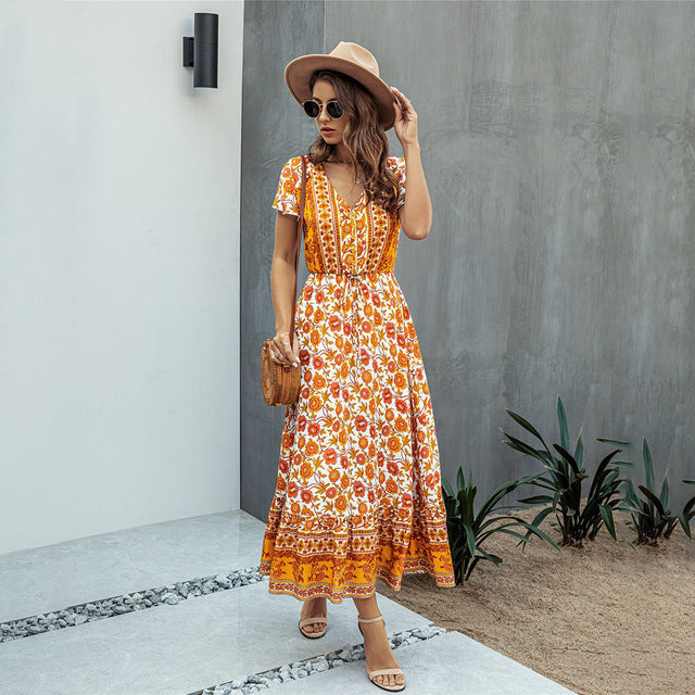 Summer Boho Chic Long Dress Pink Women Flower Print Casual Yellow Fitted Midi Dresses Bohemian 2020 Fashion Women Clothes Purple
