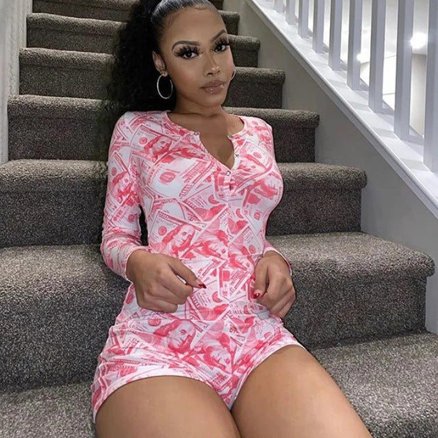 Sexy Women Bodysuit Long Sleeve Deep V Neck Bodycon Stretch Leotard Crop Top Button Short Romper Pajamas Women Jumpsuit Overalls