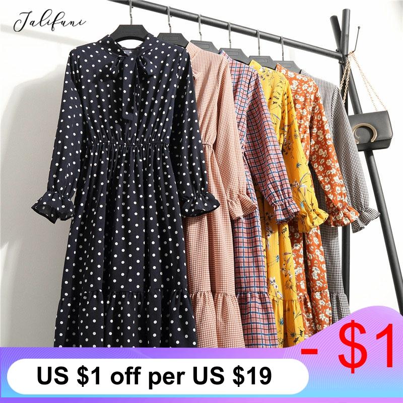 Women Casual Autumn Dress Lady Korean Style Vintage Floral Printed Chiffon Shirt Dress Long Sleeve Bow Midi Summer Dress Vestido