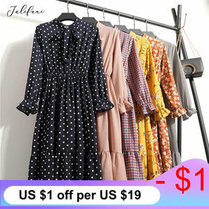 Women Casual Autumn Dress Lady Korean Style Vintage Floral Printed Chiffon Shirt Dress Long Sleeve Bow Midi Summer Dress Vestido