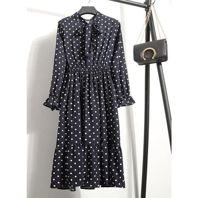 Women Casual Autumn Dress Lady Korean Style Vintage Floral Printed Chiffon Shirt Dress Long Sleeve Bow Midi Summer Dress Vestido