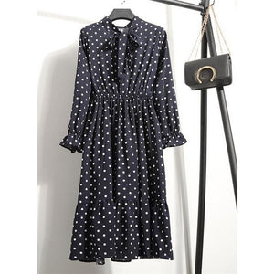 Women Casual Autumn Dress Lady Korean Style Vintage Floral Printed Chiffon Shirt Dress Long Sleeve Bow Midi Summer Dress Vestido