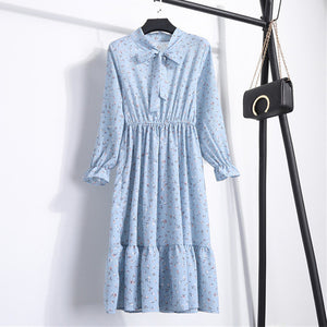 Women Casual Autumn Dress Lady Korean Style Vintage Floral Printed Chiffon Shirt Dress Long Sleeve Bow Midi Summer Dress Vestido