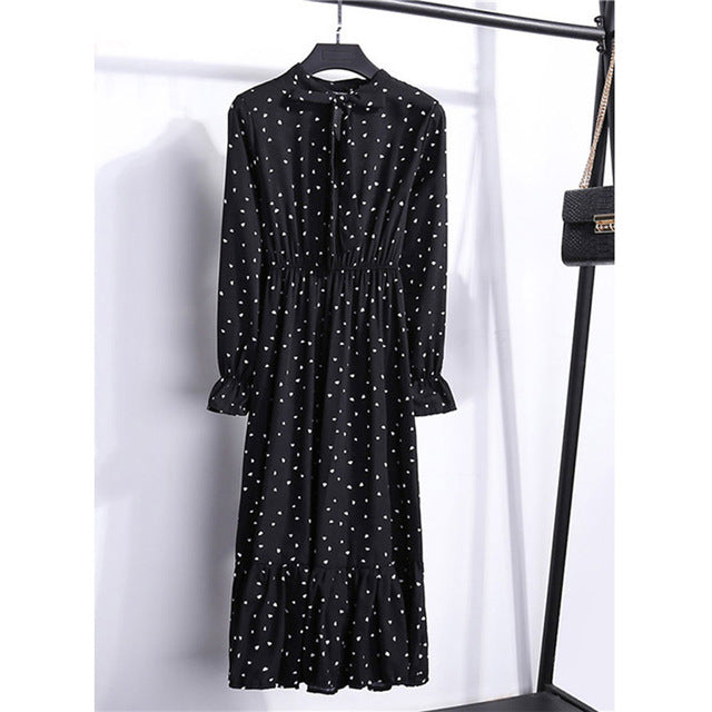 Women Casual Autumn Dress Lady Korean Style Vintage Floral Printed Chiffon Shirt Dress Long Sleeve Bow Midi Summer Dress Vestido
