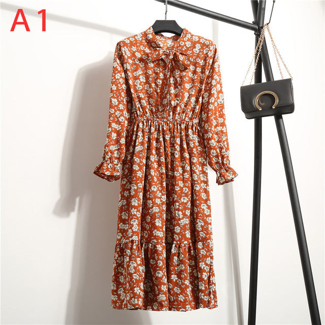 Women Casual Autumn Dress Lady Korean Style Vintage Floral Printed Chiffon Shirt Dress Long Sleeve Bow Midi Summer Dress Vestido