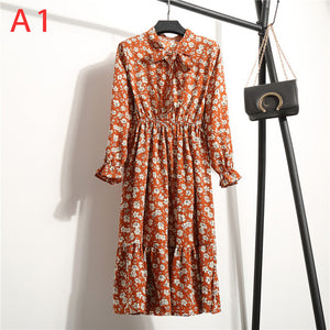 Women Casual Autumn Dress Lady Korean Style Vintage Floral Printed Chiffon Shirt Dress Long Sleeve Bow Midi Summer Dress Vestido