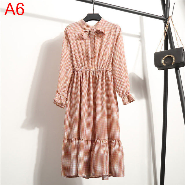 Women Casual Autumn Dress Lady Korean Style Vintage Floral Printed Chiffon Shirt Dress Long Sleeve Bow Midi Summer Dress Vestido