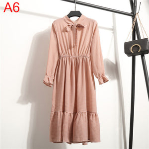 Women Casual Autumn Dress Lady Korean Style Vintage Floral Printed Chiffon Shirt Dress Long Sleeve Bow Midi Summer Dress Vestido