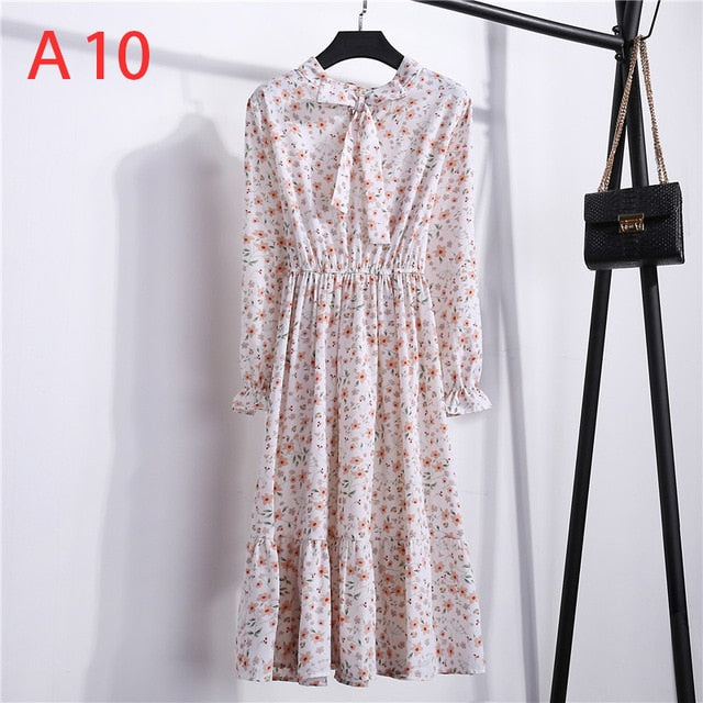 Women Casual Autumn Dress Lady Korean Style Vintage Floral Printed Chiffon Shirt Dress Long Sleeve Bow Midi Summer Dress Vestido