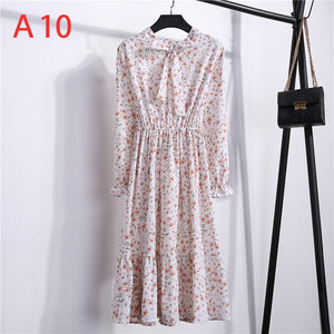 Women Casual Autumn Dress Lady Korean Style Vintage Floral Printed Chiffon Shirt Dress Long Sleeve Bow Midi Summer Dress Vestido