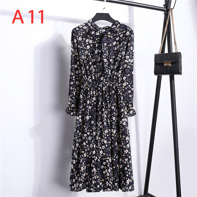 Women Casual Autumn Dress Lady Korean Style Vintage Floral Printed Chiffon Shirt Dress Long Sleeve Bow Midi Summer Dress Vestido