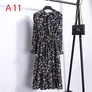 Women Casual Autumn Dress Lady Korean Style Vintage Floral Printed Chiffon Shirt Dress Long Sleeve Bow Midi Summer Dress Vestido