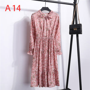 Women Casual Autumn Dress Lady Korean Style Vintage Floral Printed Chiffon Shirt Dress Long Sleeve Bow Midi Summer Dress Vestido