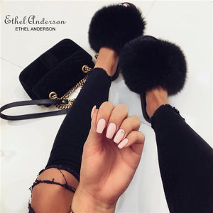 Ethel Anderson Fashion Real Raccoon Fur Slides Slippers Summer Flip Flops Casual Vogue Fox Fur Sandals Vogue Plush Shoes