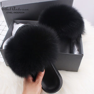 Ethel Anderson Fashion Real Raccoon Fur Slides Slippers Summer Flip Flops Casual Vogue Fox Fur Sandals Vogue Plush Shoes