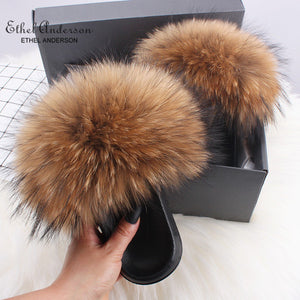 Ethel Anderson Fashion Real Raccoon Fur Slides Slippers Summer Flip Flops Casual Vogue Fox Fur Sandals Vogue Plush Shoes