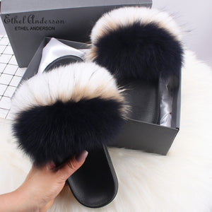Ethel Anderson Fashion Real Raccoon Fur Slides Slippers Summer Flip Flops Casual Vogue Fox Fur Sandals Vogue Plush Shoes