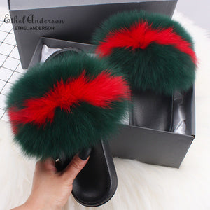 Ethel Anderson Fashion Real Raccoon Fur Slides Slippers Summer Flip Flops Casual Vogue Fox Fur Sandals Vogue Plush Shoes