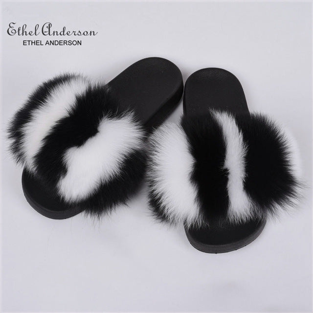 Ethel Anderson Fashion Real Raccoon Fur Slides Slippers Summer Flip Flops Casual Vogue Fox Fur Sandals Vogue Plush Shoes
