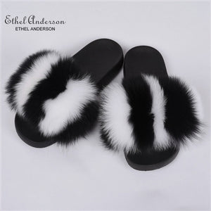 Ethel Anderson Fashion Real Raccoon Fur Slides Slippers Summer Flip Flops Casual Vogue Fox Fur Sandals Vogue Plush Shoes