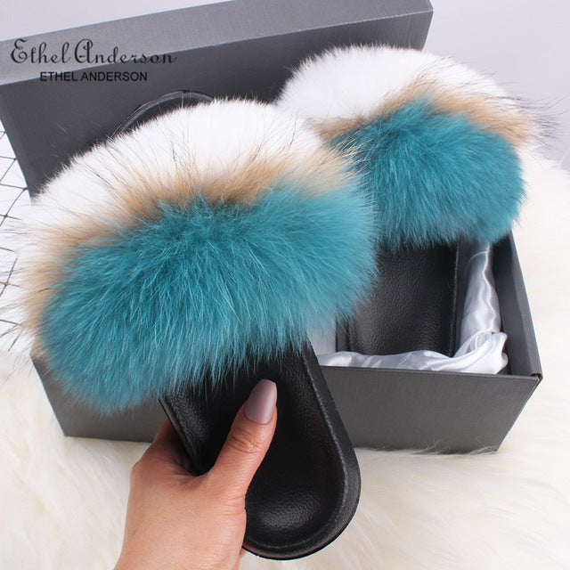 Ethel Anderson Fashion Real Raccoon Fur Slides Slippers Summer Flip Flops Casual Vogue Fox Fur Sandals Vogue Plush Shoes