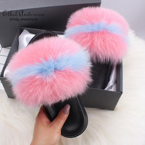Ethel Anderson Fashion Real Raccoon Fur Slides Slippers Summer Flip Flops Casual Vogue Fox Fur Sandals Vogue Plush Shoes