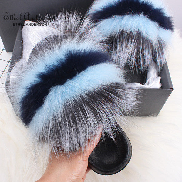 Ethel Anderson Fashion Real Raccoon Fur Slides Slippers Summer Flip Flops Casual Vogue Fox Fur Sandals Vogue Plush Shoes