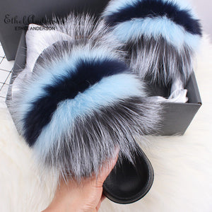 Ethel Anderson Fashion Real Raccoon Fur Slides Slippers Summer Flip Flops Casual Vogue Fox Fur Sandals Vogue Plush Shoes