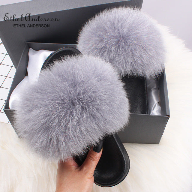 Ethel Anderson Fashion Real Raccoon Fur Slides Slippers Summer Flip Flops Casual Vogue Fox Fur Sandals Vogue Plush Shoes