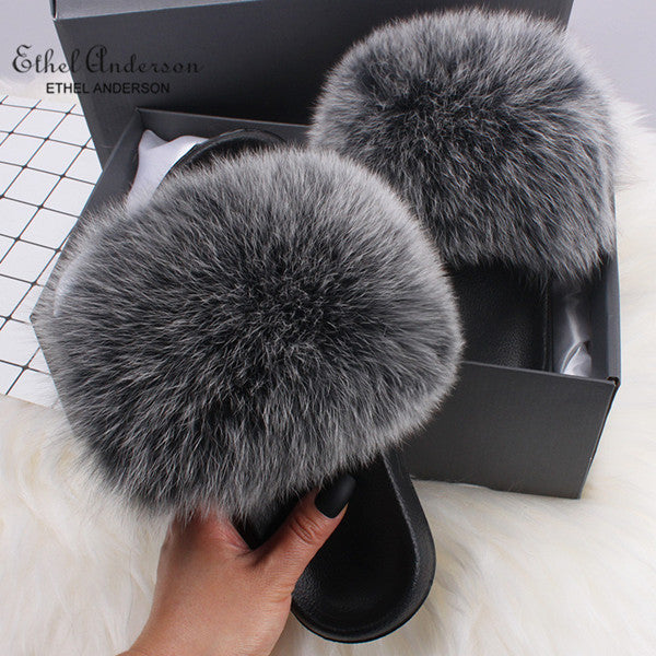 Ethel Anderson Fashion Real Raccoon Fur Slides Slippers Summer Flip Flops Casual Vogue Fox Fur Sandals Vogue Plush Shoes